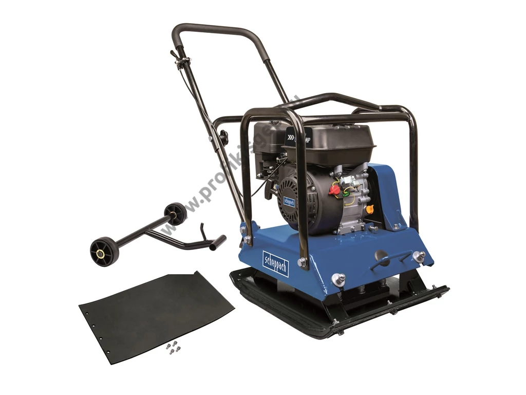 Scheppach HP 2200s lapvibrátor, Motor: Loncin 196cm3, 25kN, 55x44cm, 102kg, szállítókerék, gumilap