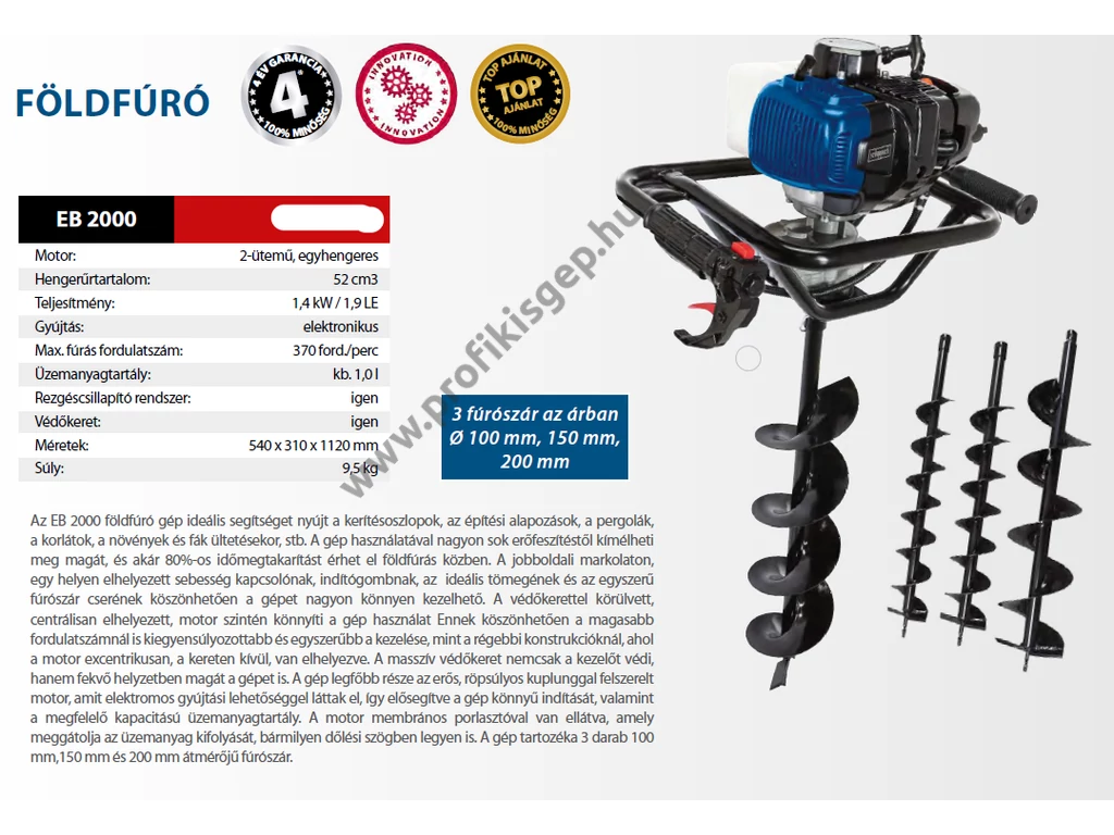 Scheppach EB 2000 benzinmotoros földfúró, gödörfúró, 52,0cm3, 1.9Le, 100mm, 150mm, 200mm fúrószárral
