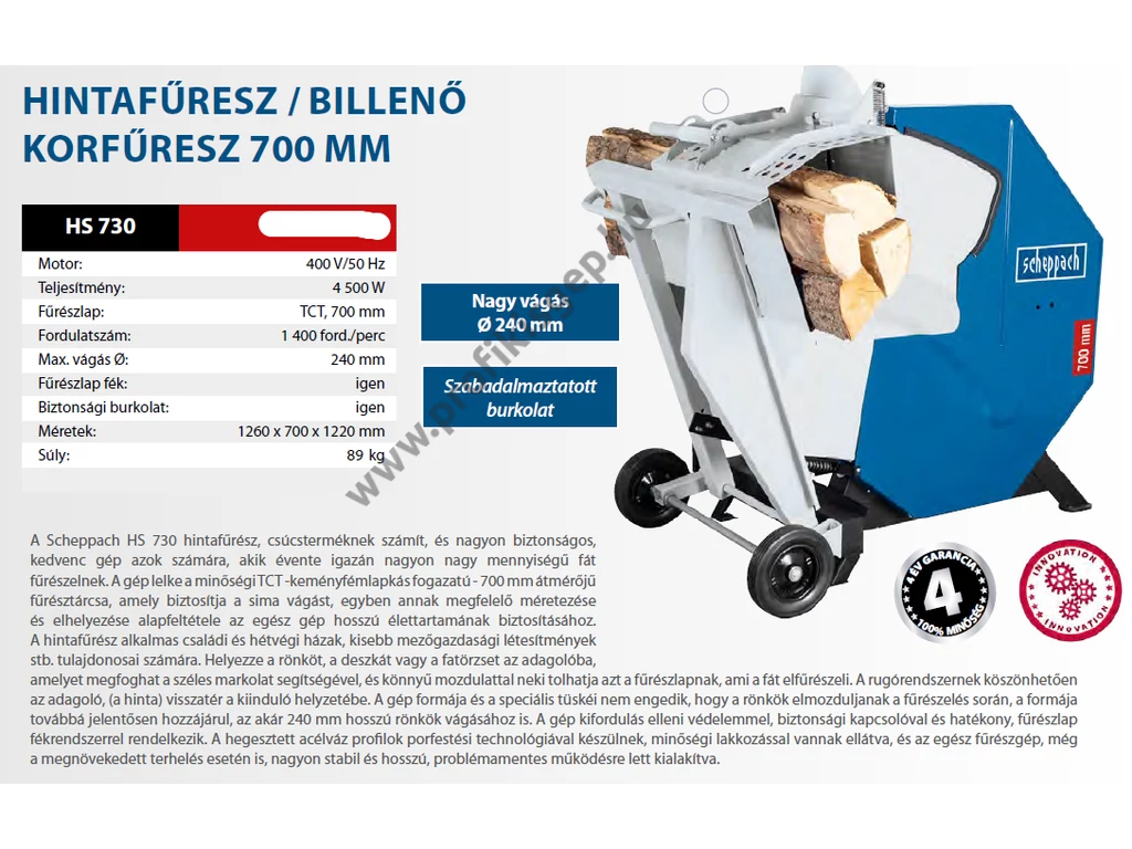 Scheppach HS 730 hintafűrész, billenővályús körfűrész, 400V, 4500W, 700mm tárcsaátmérő, max: 240mm