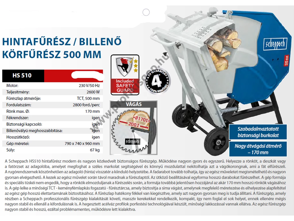 Scheppach HS 510 hintafűrész, billenővályús körfűrész, 230V, 2600W, 505mm tárcsaátmérő, max: 170mm