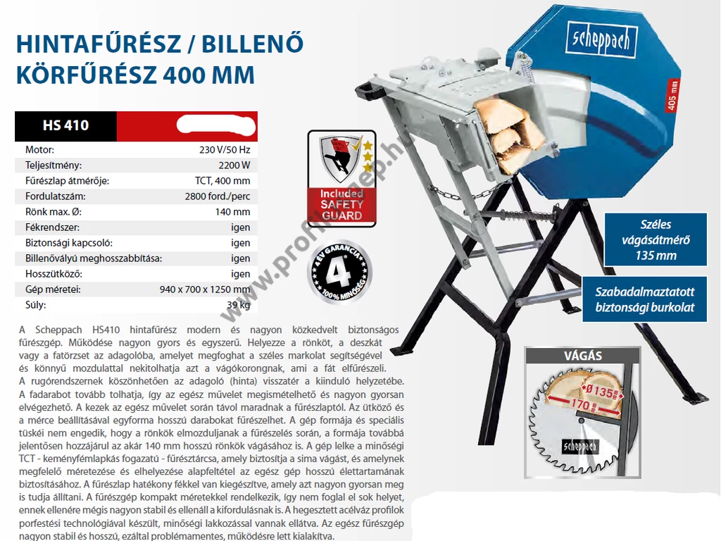 Scheppach HS 410, billenővályús körfűrész 230V, 2200W, 400 mm tárcsaátmérő, max: 140mm