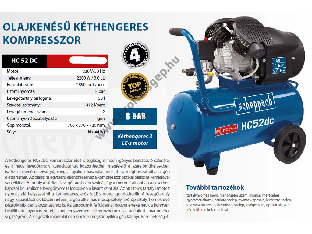 SCHEPPACH HC 52 DC olajkenésű kompresszor, 371l/perc 8bar tartály 50L, 230V 2200W