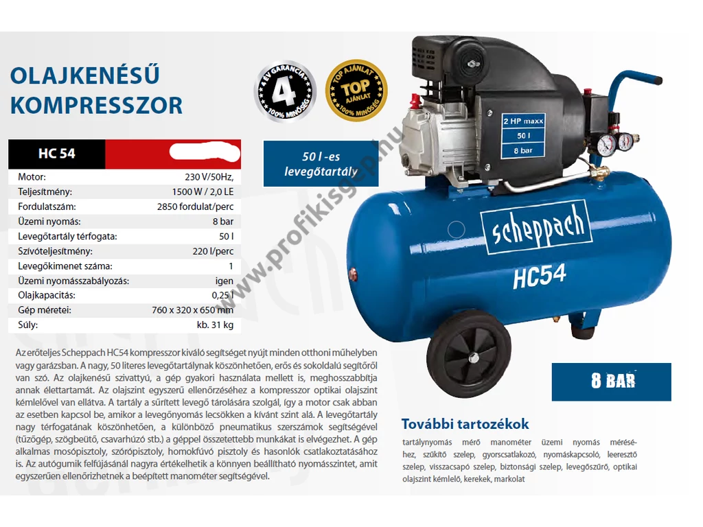 Scheppach HC 54 olajkenésű kompresszor, 220l/perc 8bar tartály 50L, 230V 1500W