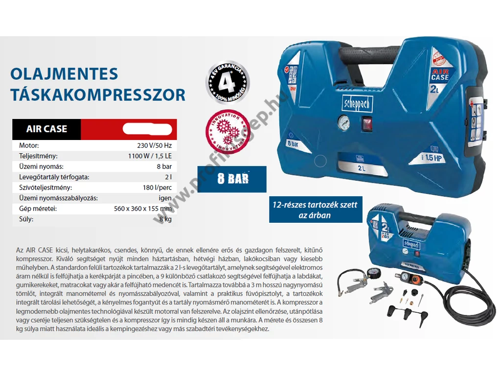 Scheppach AIR CASE olajmentes kompresszor, 180l/perc tartály nélkül, 230V, 1100W