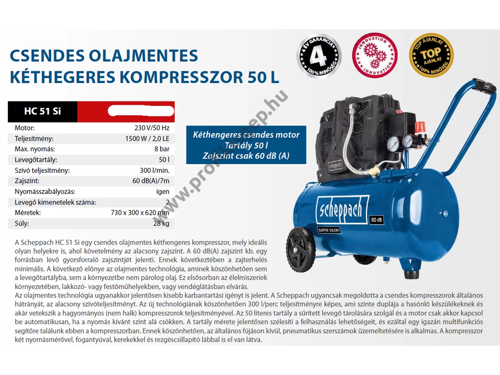 SCHEPPACH HC 51 Si olajmentes kompresszor, 300l/perc 8bar, tartály 50L, 230V 1500W, csak 60dB