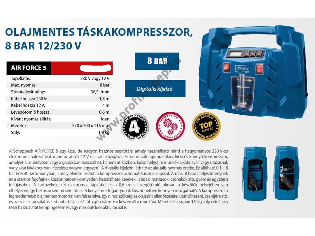 Scheppach AIR FORCE 5 olajmentes kompresszor, 36l/perc tartály nélkül, 230V, 12V