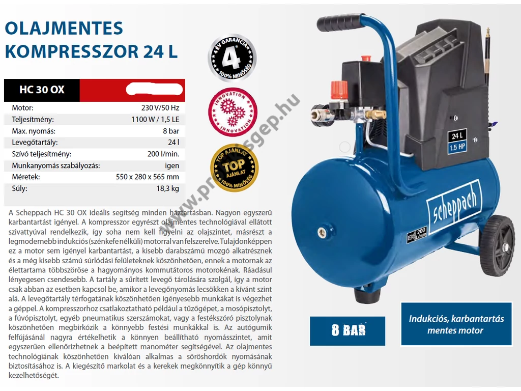 Scheppach HC 30 OX olajmentes kompresszor, 200l/perc 8bar, tartály 24L, 230V 1100W,