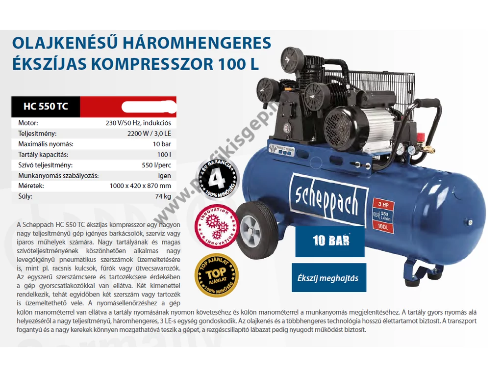 Scheppach HC 550 TC olajkenésű kompresszor, 550l/perc 10bar tartály 100L, 230V 2200W