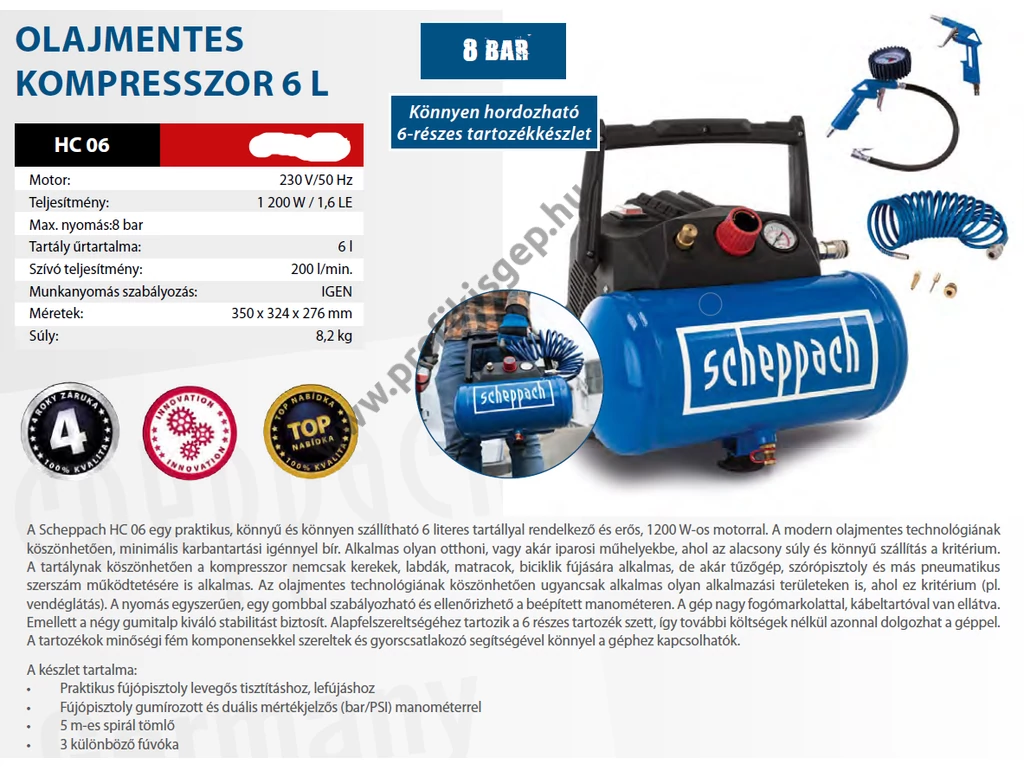Scheppach HC 06 olajmentes kompresszor, 200l/perc 8bar, tartály 6l, 230V 1200W