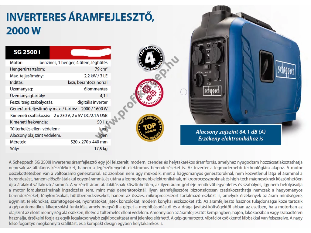 SCHEPPACH SG 2500I Egyfázisú áramfejlesztő Inverter, 230V, Max: 2000W, 7A, Motor: OHV, 79cm3