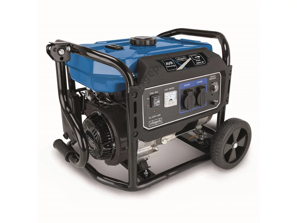 Scheppach SG 3200X Egyfázisú áramfejlesztő, 230V, Max: 2800W, Motor: OHV,212cm3, AVR feszültségszabályzó, szállítókerék