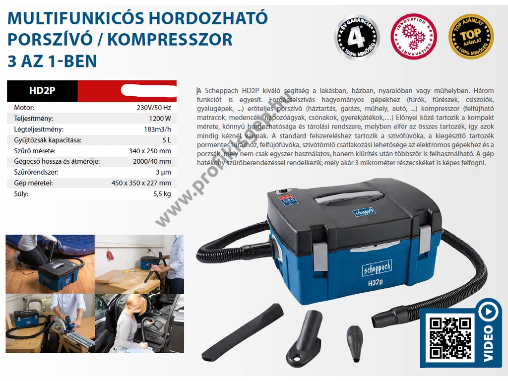 Scheppach HD2P - multifunkicós ipari porszívó, kompresszor 3 az 1-ben 1200W