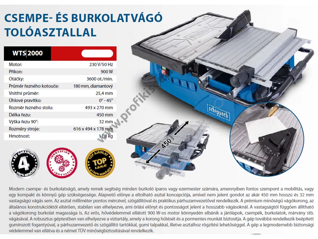 Scheppach WTS 2000 elektromos vizes csempevágó, 900W, 230V, 180mm tárcsaátmérő tolóasztallal