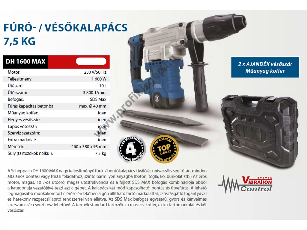 Scheppach DH 1600 MAX elektromos fúró vésőkalapács, 1600W, ütés ereje: 10J , SDS-MAX tokmány, tartozékok