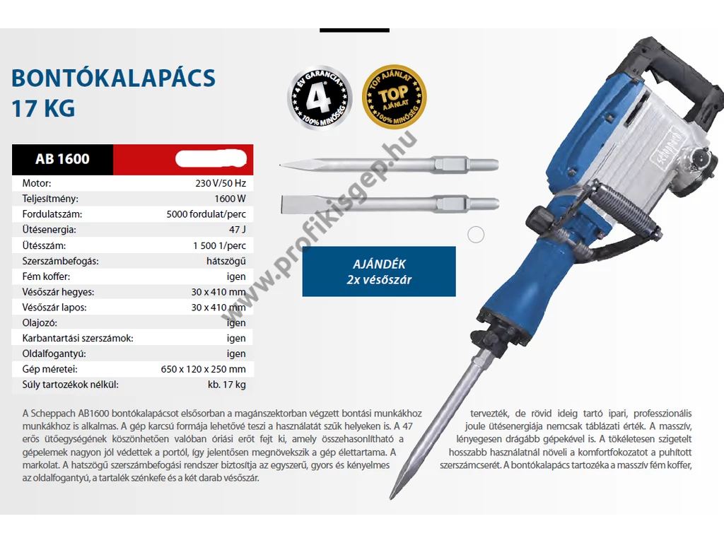 Scheppach AB 1600 elektromos bontókalapács, 1600W, ütés ereje: 47J , 30mm hatszög tokmány, tartozékok