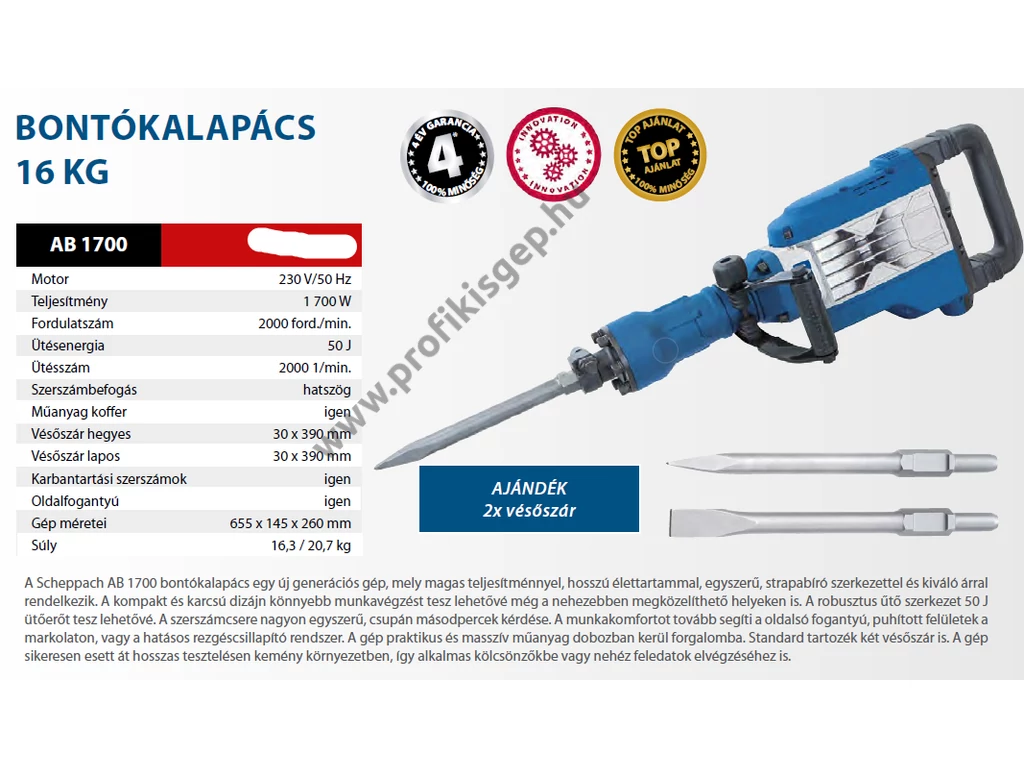 Scheppach AB 1700 elektromos bontókalapács, 1700W, ütés ereje: 50J , Hatszög tokmány, tartozékok