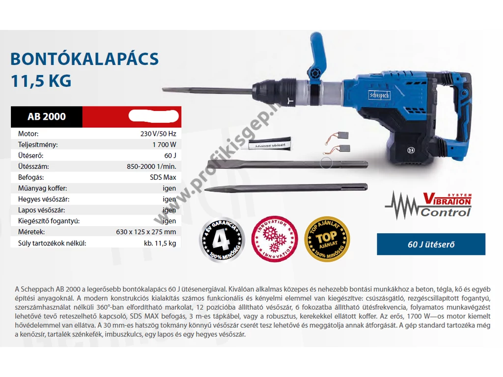 Scheppach AB 2000 elektromos bontókalapács, 1700W, ütés ereje: 60J , SDS-MAX tokmány, tartozékok