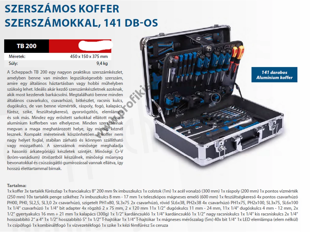 Scheppach TB 200 szerszámkászlet, Dugókulcskészlet, bitkészlet, csillag-villás készlet, 141 darabos, alu kofferben