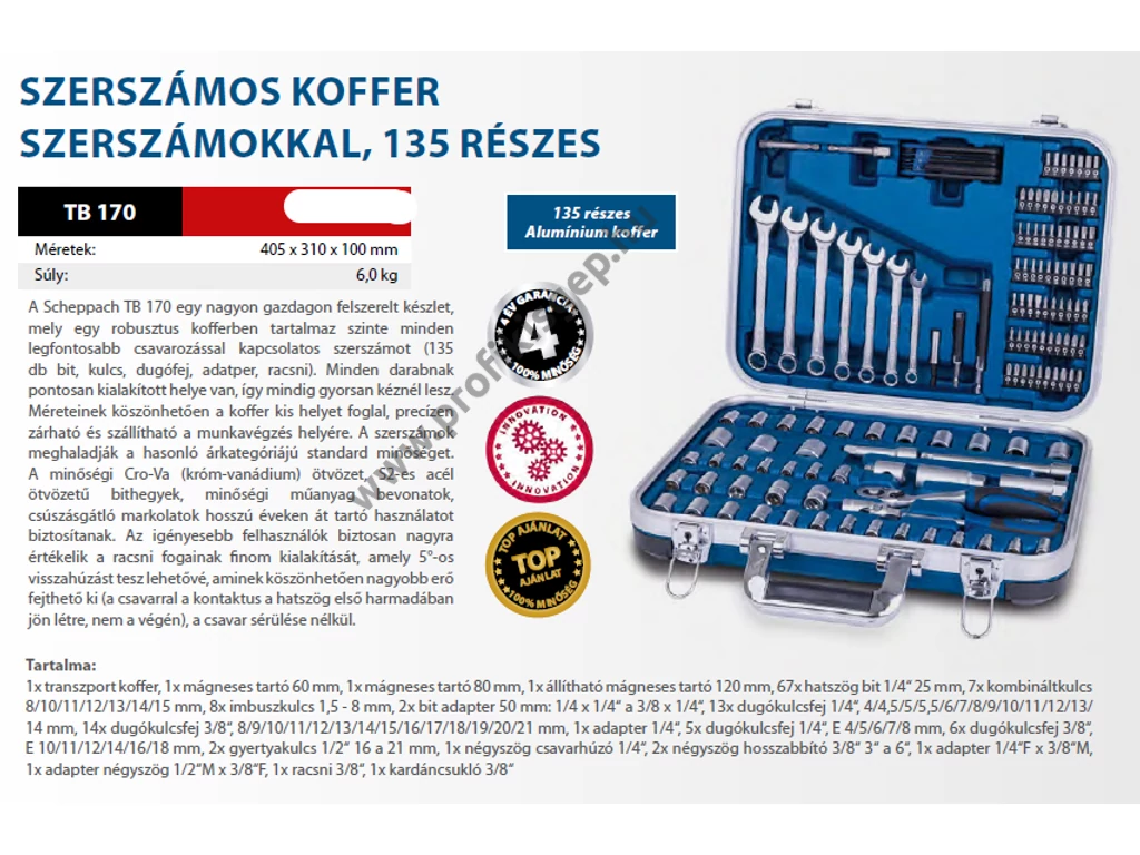 Scheppach TB 170 szerszámkászlet, Dugókulcskészlet, bitkészlet, csillag-villás készlet, 135 darabos, alu kofferben