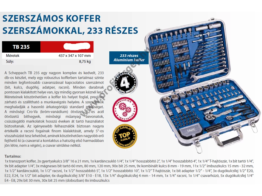 Scheppach TB 235 szerszámkászlet, Dugókulcskészlet, bitkészlet, csillag-villás készlet, 233 darabos, alu kofferben