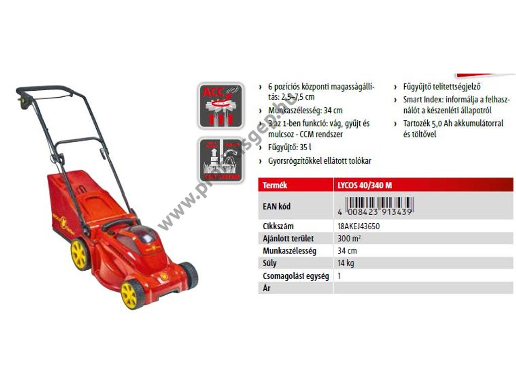 Wolf-Garten  LYCOS 40/340 M Akkumulátoros fűnyíró, 34cm 470W, 5.0 Ah akkuval és töltővel
