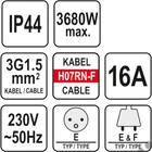 Kép 2/2 - YATO Hosszabbító lengőkábel gumiszigetelt 3 dugalj 20m 3x1,5mm2