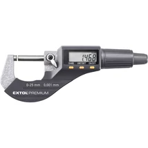 EXTOL premium digitális mikrométer; felbontás×mérési tartomány: 0,001×25 mm, keményfém mérőfelület, pontosság ±0,002 mm
